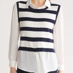 Adrianna Papell Stripe Cable Knit Long Sleeve Twofer Vest